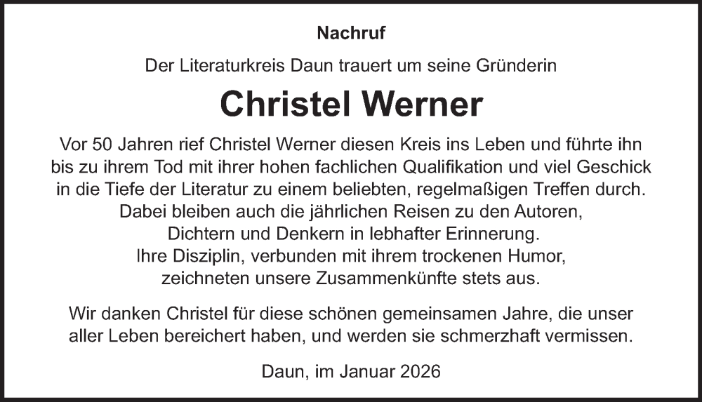  Traueranzeige für Christel Werner vom 17.01.2026 aus WochenSpiegel