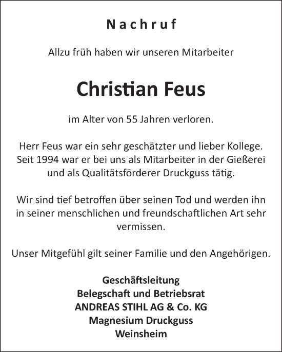 Traueranzeige von Christian Feus von WochenSpiegel