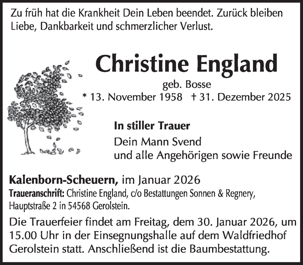  Traueranzeige für Christine England vom 10.01.2026 aus WochenSpiegel