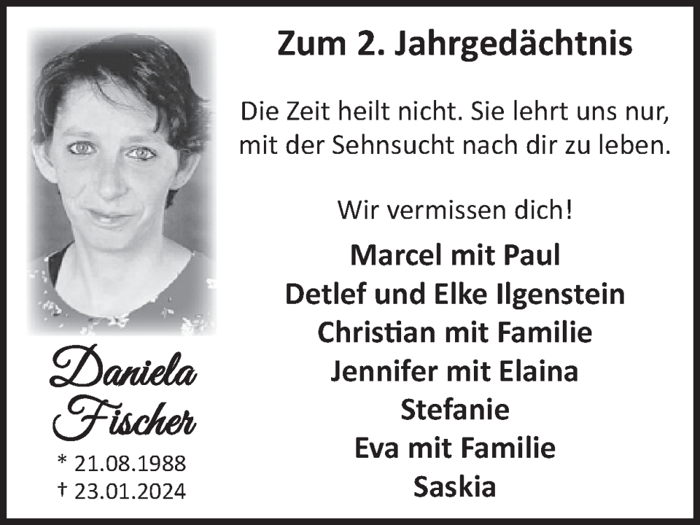  Traueranzeige für Daniela Fischer vom 28.01.2026 aus WochenSpiegel