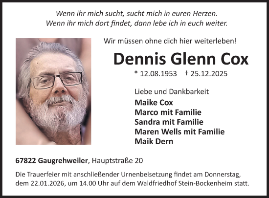 Traueranzeige von Dennis Glenn Cox von WochenSpiegel