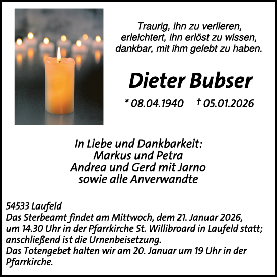 Traueranzeige von Dieter Bubser von WochenSpiegel