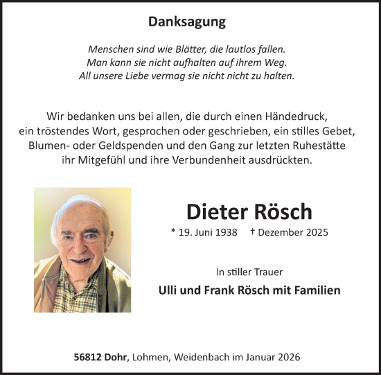 Traueranzeige von Dieter Rösch von WochenSpiegel