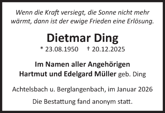 Traueranzeige von Dietmar Ding von WochenSpiegel