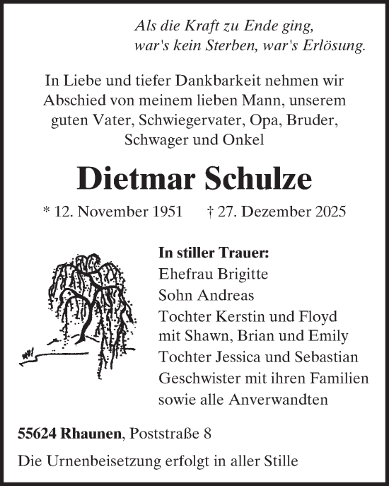Traueranzeige von Dietmar Schulze von WochenSpiegel