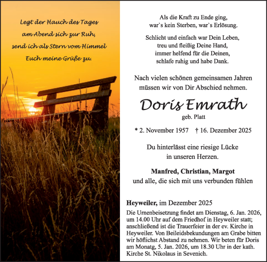 Traueranzeige von Doris Emrath von WochenSpiegel