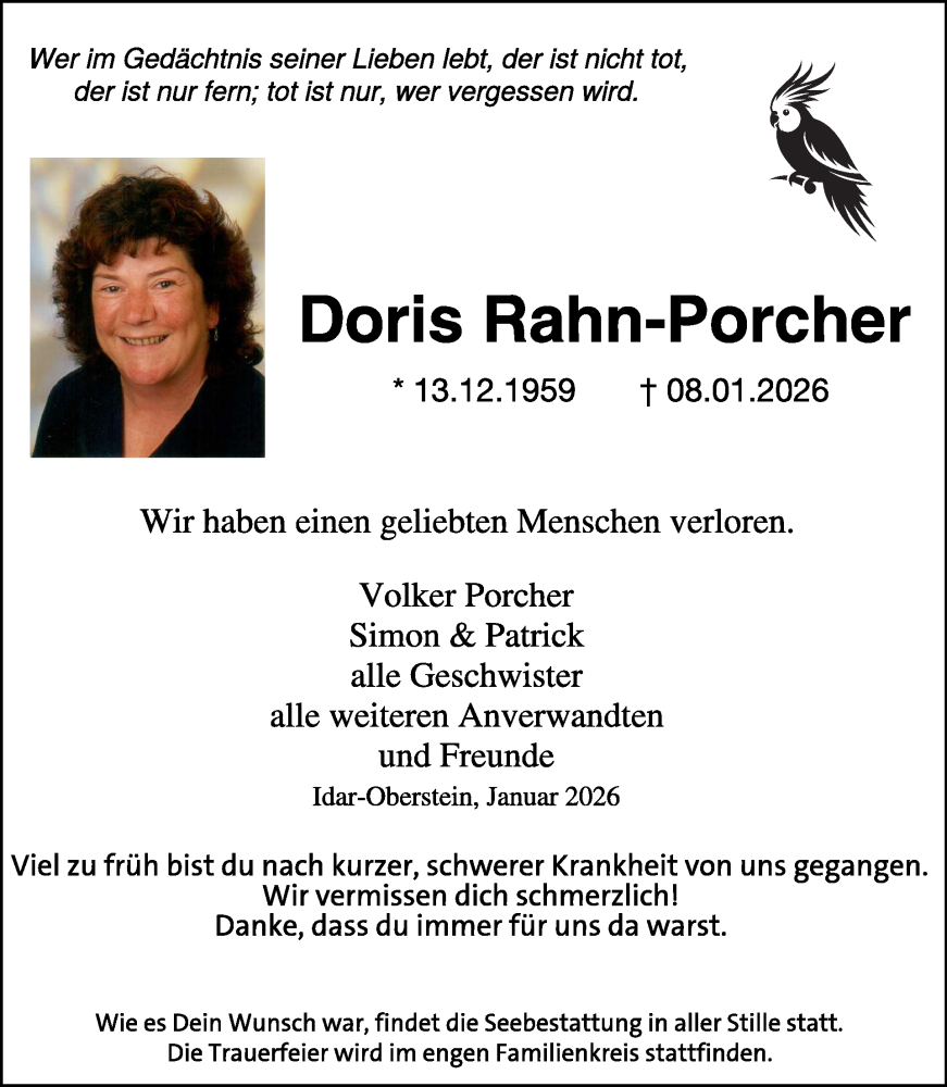  Traueranzeige für Doris Rahn-Porcher vom 17.01.2026 aus WochenSpiegel