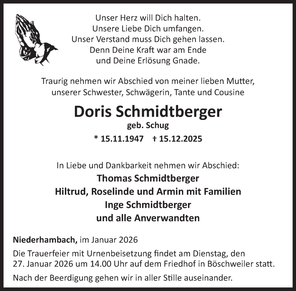  Traueranzeige für Doris Schmidtberger vom 24.01.2026 aus WochenSpiegel