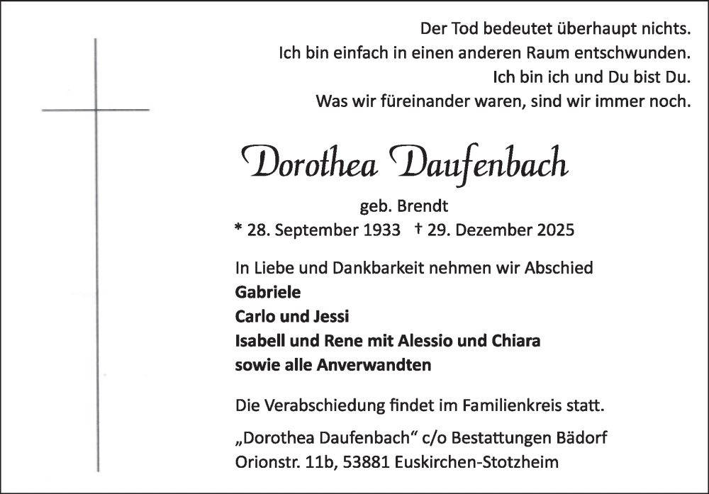  Traueranzeige für Dorothea Daufenbach vom 14.01.2026 aus WochenSpiegel