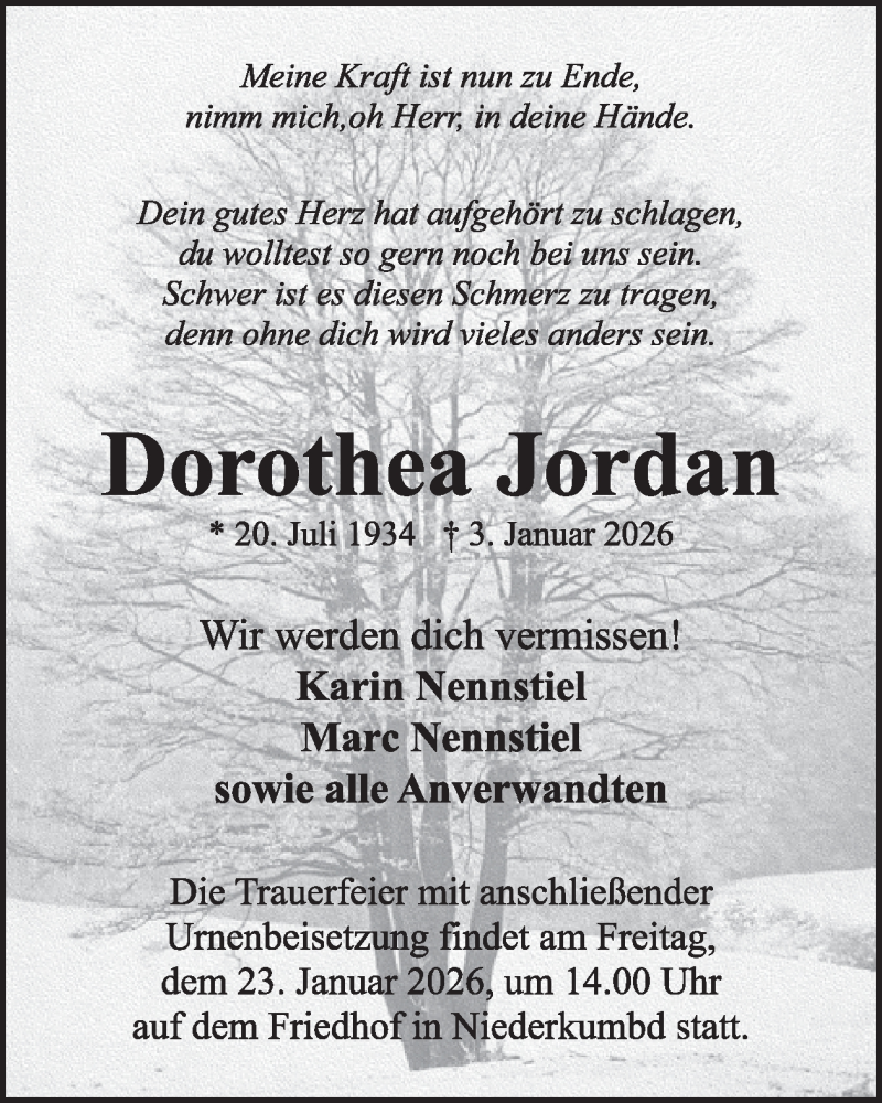  Traueranzeige für Dorothea Jordan vom 17.01.2026 aus WochenSpiegel