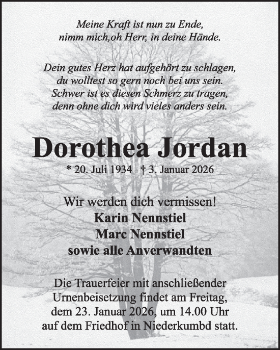 Traueranzeige von Dorothea Jordan von WochenSpiegel