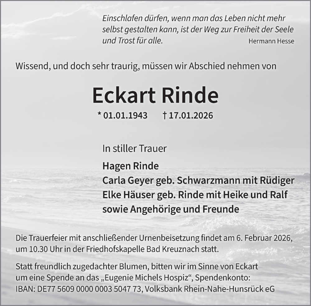  Traueranzeige für Eckart Rinde vom 31.01.2026 aus WochenSpiegel