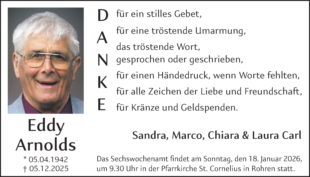  Traueranzeige für Eddy Arnolds vom 14.01.2026 aus WochenSpiegel