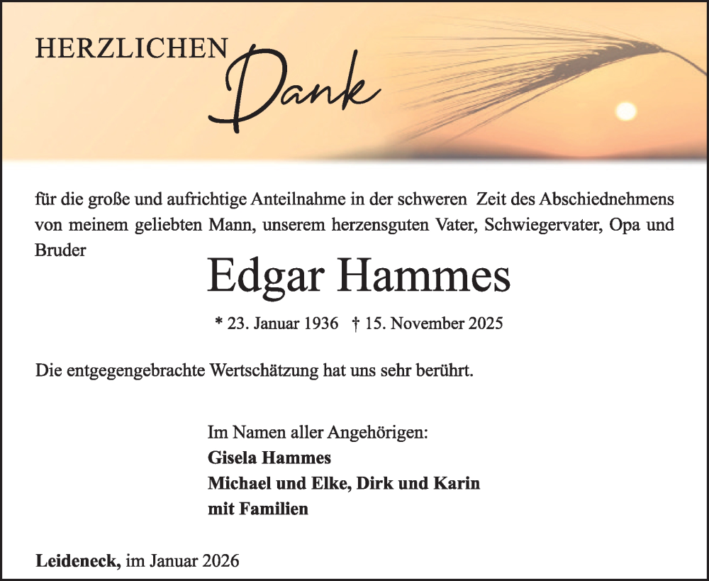  Traueranzeige für Edgar Hammes vom 17.01.2026 aus WochenSpiegel