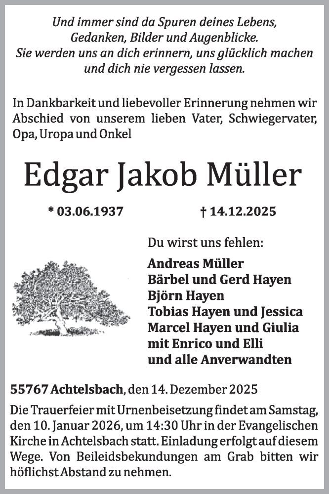  Traueranzeige für Edgar Jakob Müller vom 03.01.2026 aus WochenSpiegel