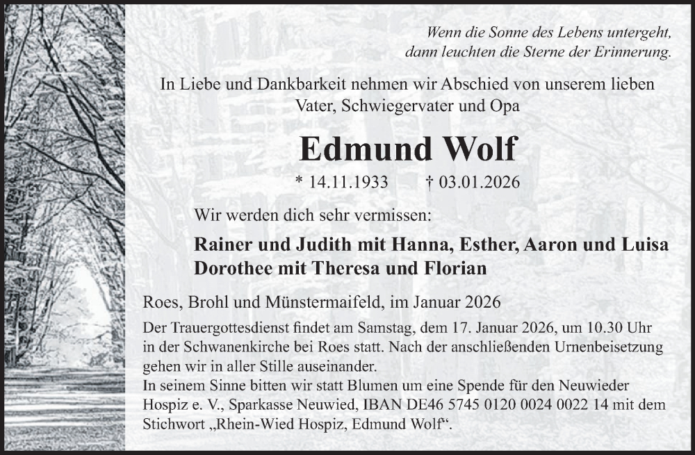  Traueranzeige für Edmund Wolf vom 07.01.2026 aus WochenSpiegel