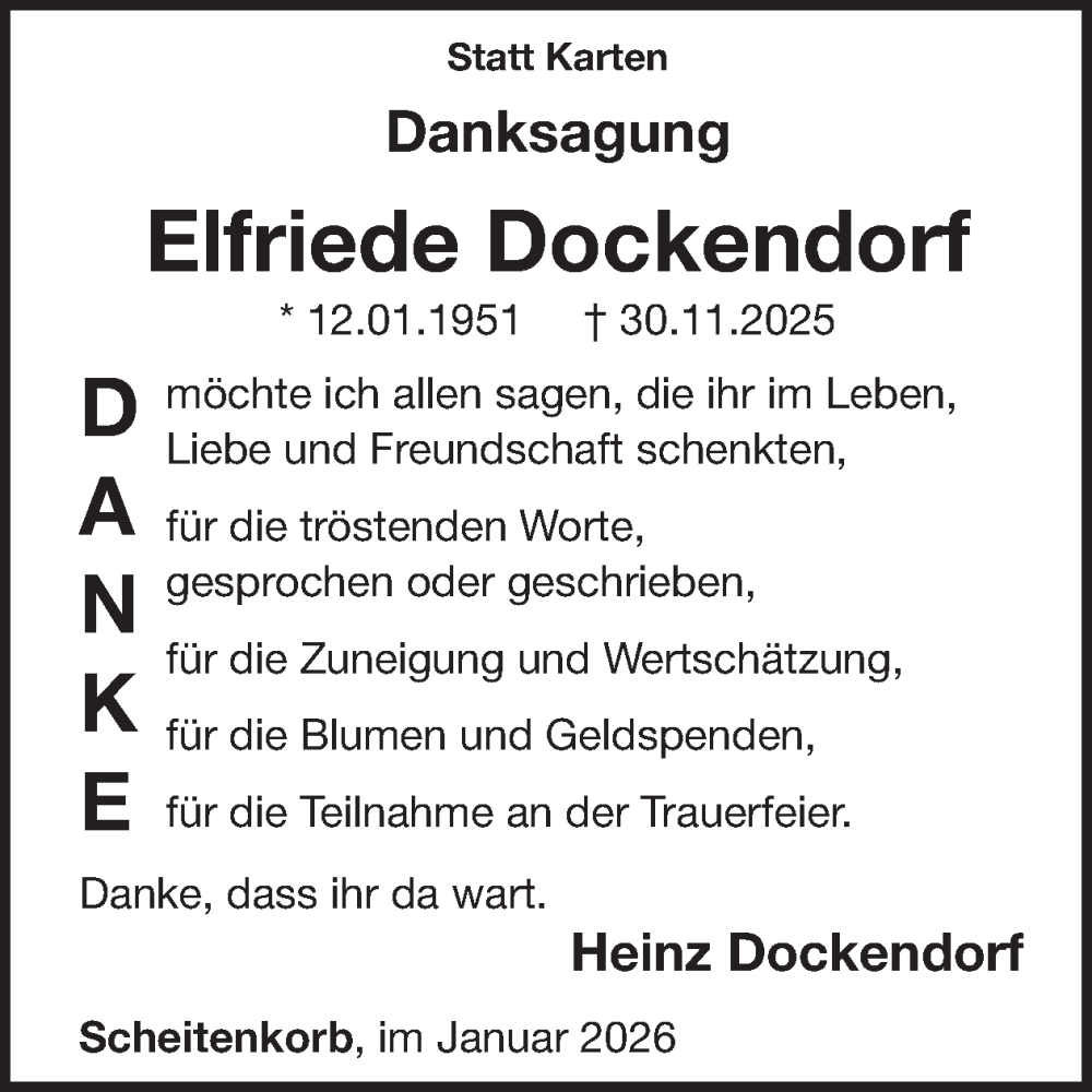  Traueranzeige für Elfriede Dockendorf vom 16.01.2026 aus WochenSpiegel