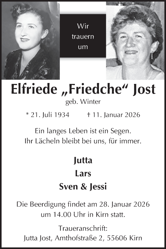 Traueranzeige von Elfriede Jost von WochenSpiegel