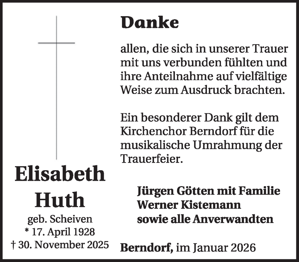  Traueranzeige für Elisabeth Huth vom 17.01.2026 aus WochenSpiegel