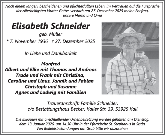 Traueranzeige von Elisabeth Schneider von WochenSpiegel