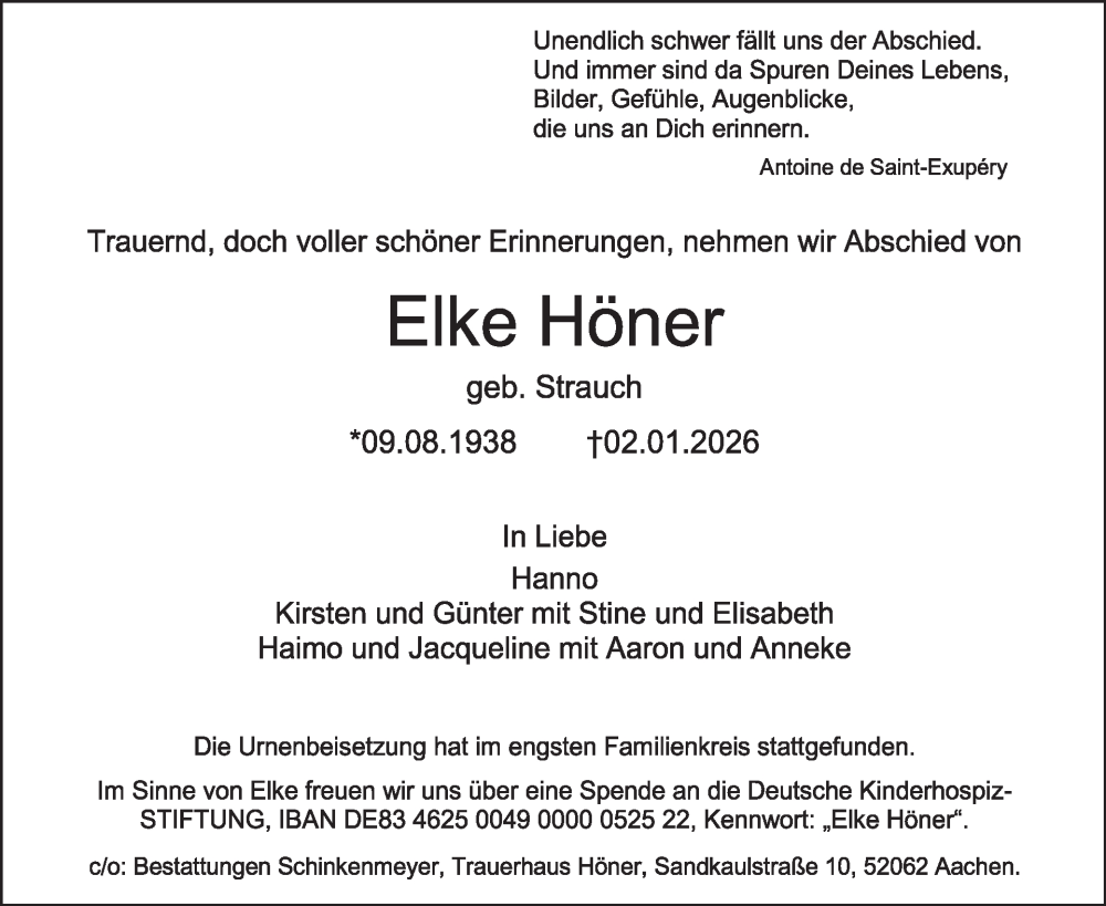  Traueranzeige für Elke Höner vom 21.01.2026 aus WochenSpiegel