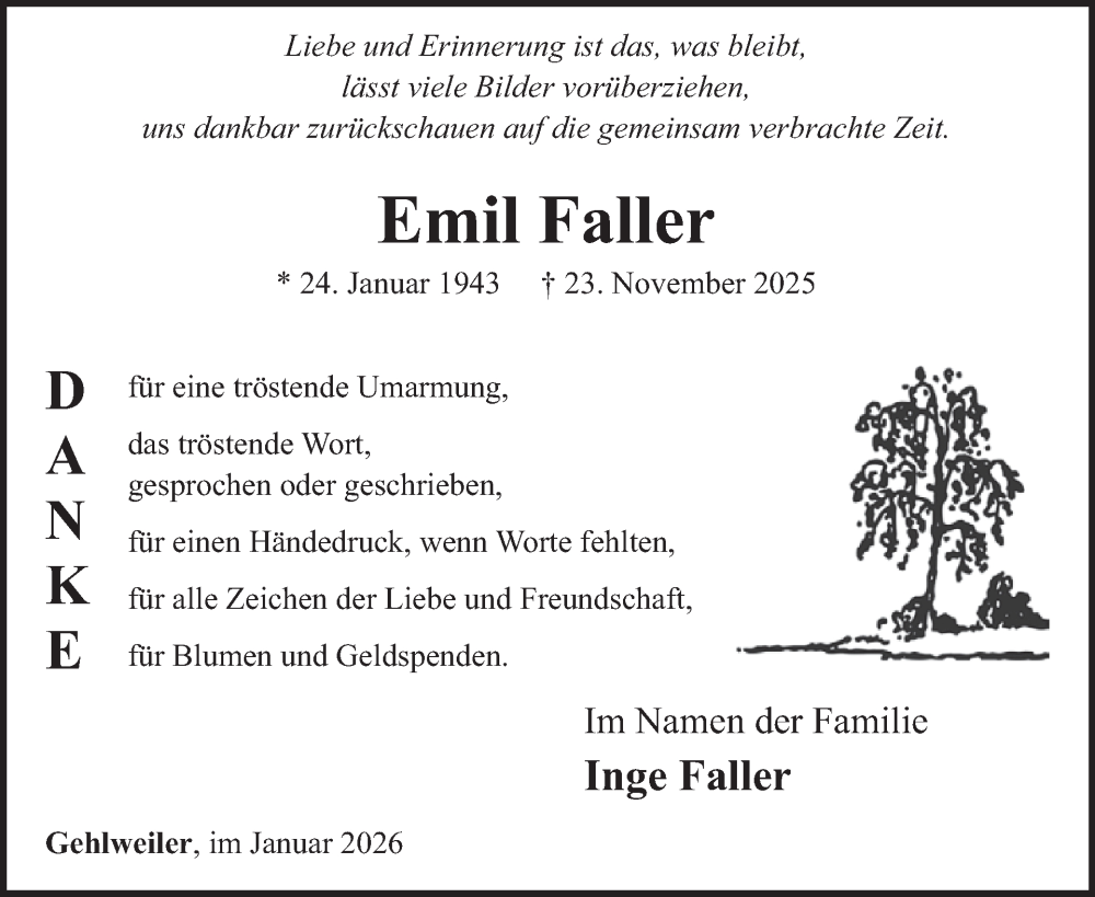  Traueranzeige für Emil Faller vom 31.01.2026 aus WochenSpiegel