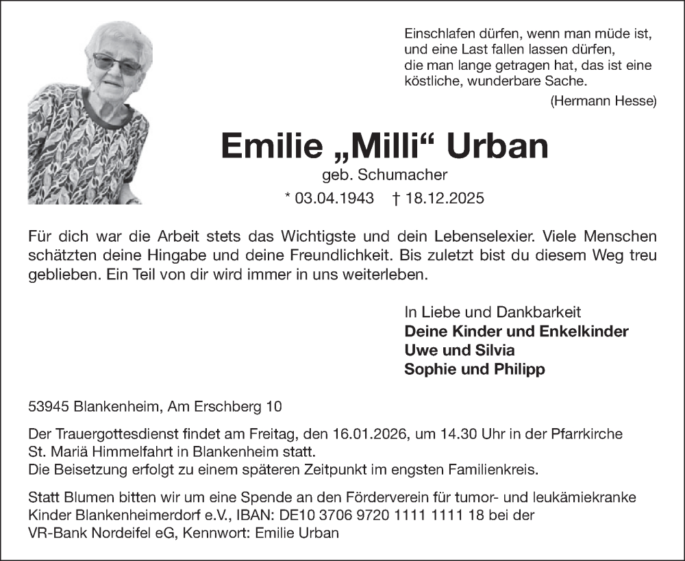  Traueranzeige für Emilie Urban vom 07.01.2026 aus WochenSpiegel