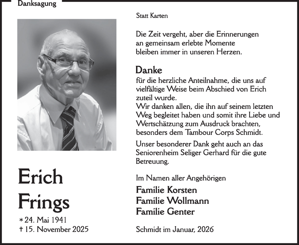  Traueranzeige für Erich Frings vom 14.01.2026 aus WochenSpiegel