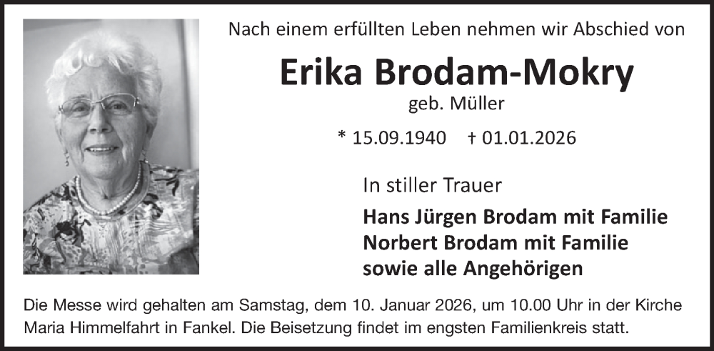 Traueranzeige für Erika Brodam-Mokry vom 07.01.2026 aus WochenSpiegel