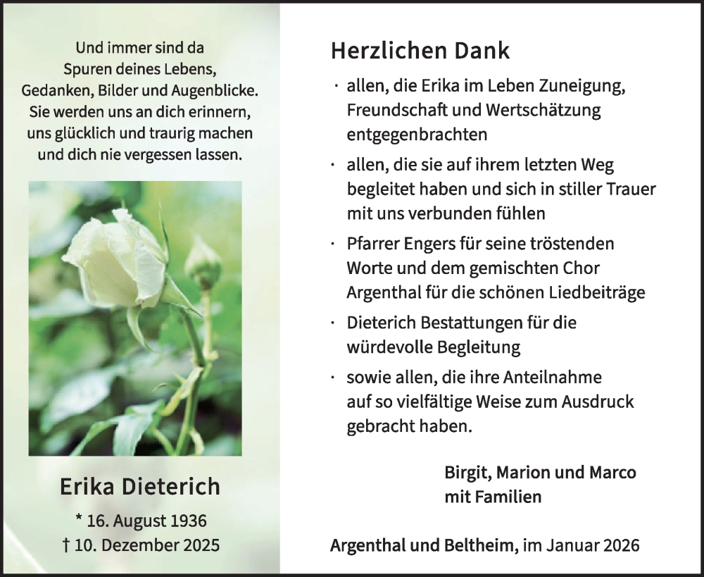  Traueranzeige für Erika Dieterich vom 31.01.2026 aus WochenSpiegel