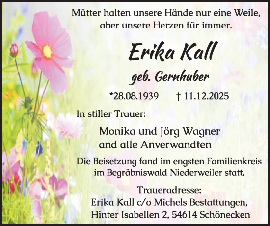 Traueranzeige von Erika Kall von WochenSpiegel