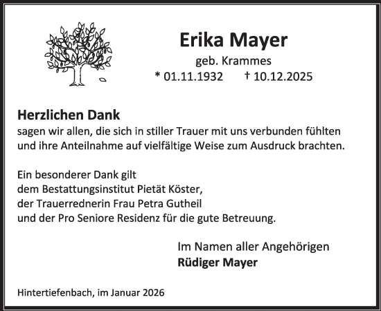Traueranzeige von Erika Mayer von WochenSpiegel