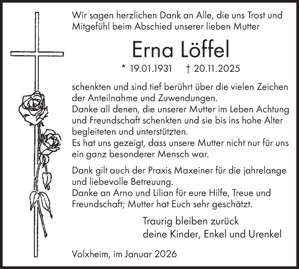  Traueranzeige für Erna Löffel vom 17.01.2026 aus WochenSpiegel