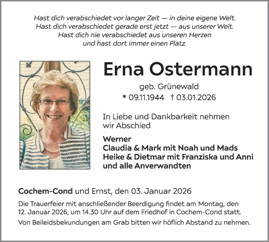 Traueranzeige von Erna Ostermann von WochenSpiegel
