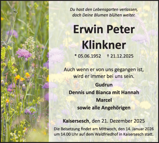 Traueranzeige von Erwin Peter Klinkner von WochenSpiegel