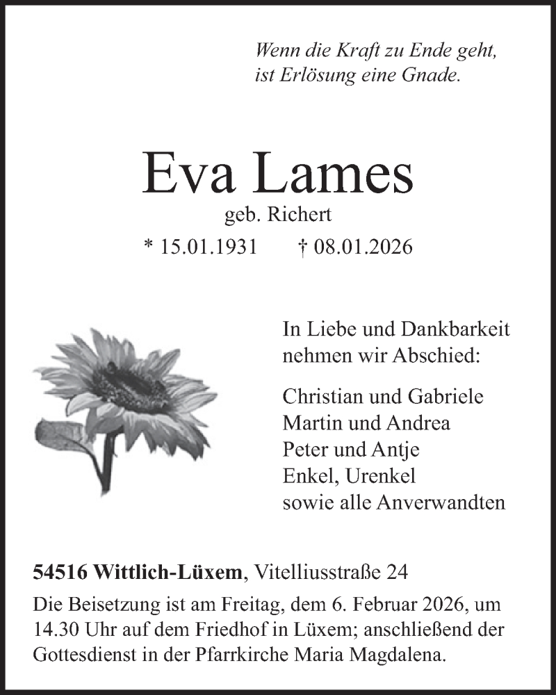  Traueranzeige für Eva Lames vom 23.01.2026 aus WochenSpiegel