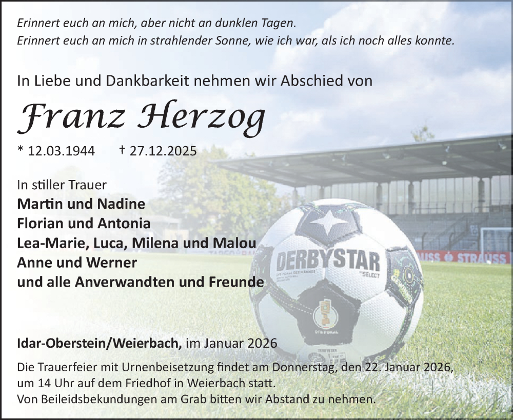  Traueranzeige für Franz Herzog vom 17.01.2026 aus WochenSpiegel