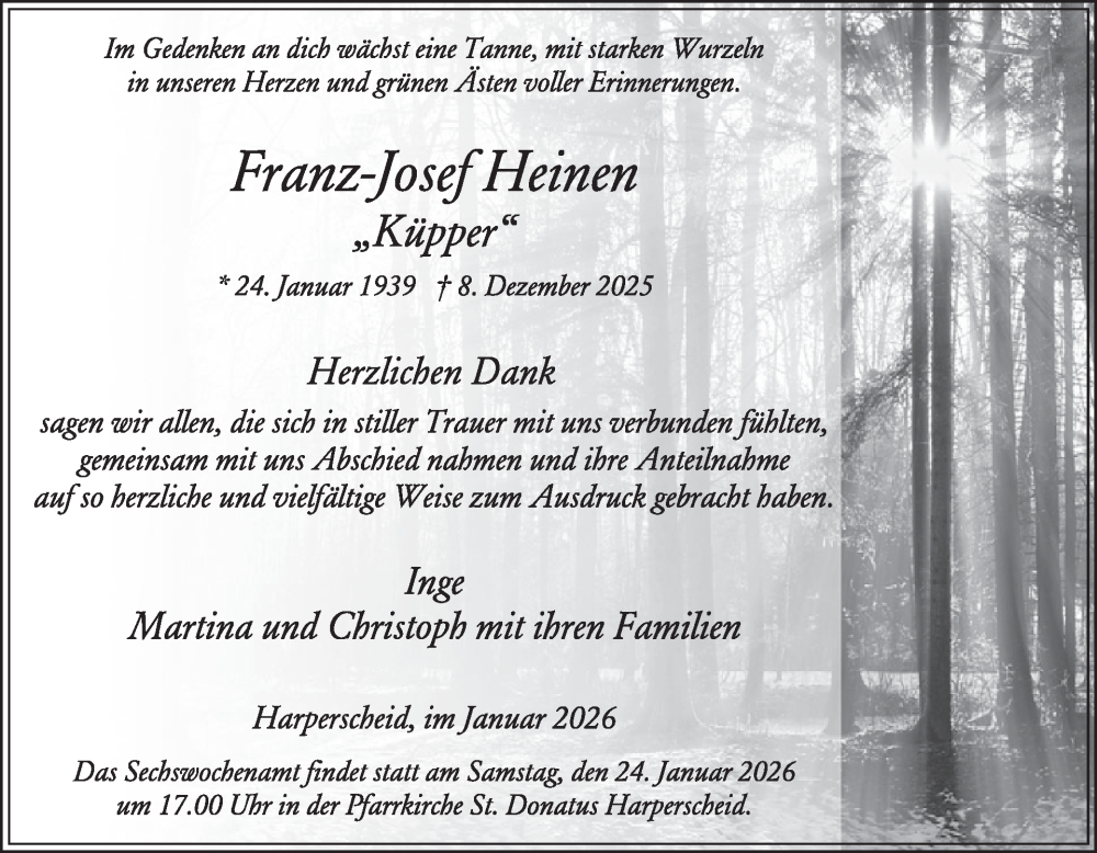  Traueranzeige für Franz-Josef Heinen vom 14.01.2026 aus WochenSpiegel