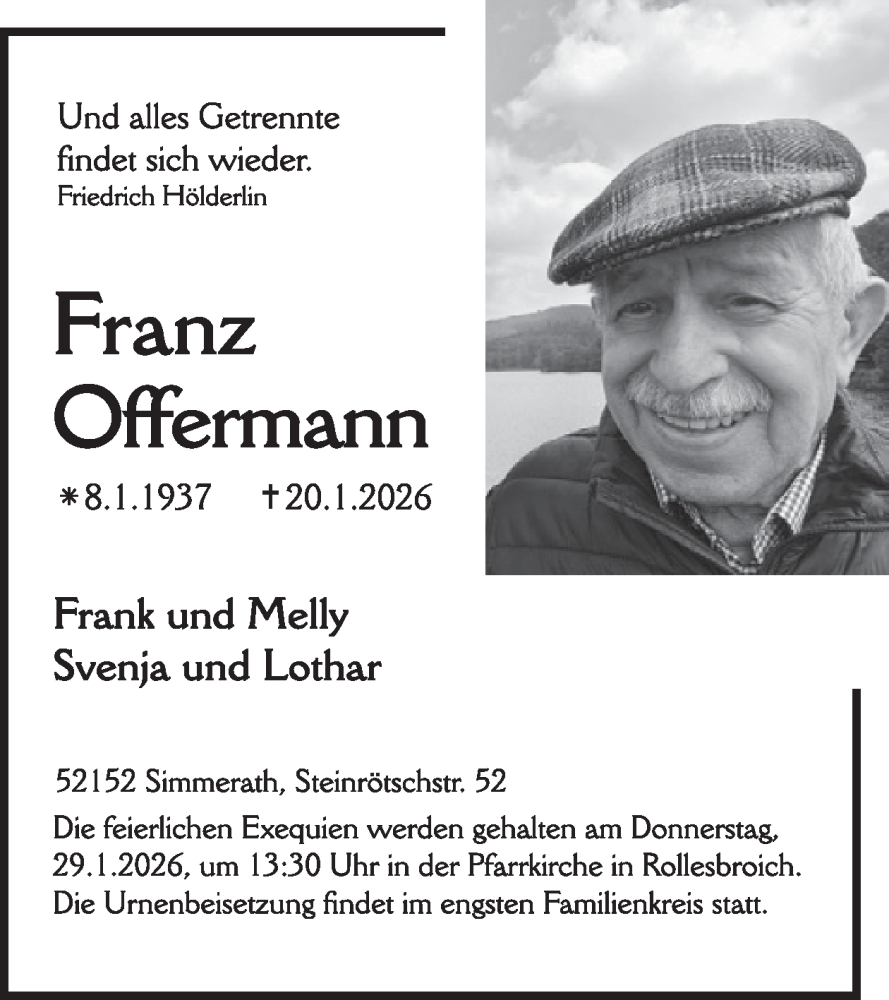  Traueranzeige für Franz Offermann vom 28.01.2026 aus WochenSpiegel