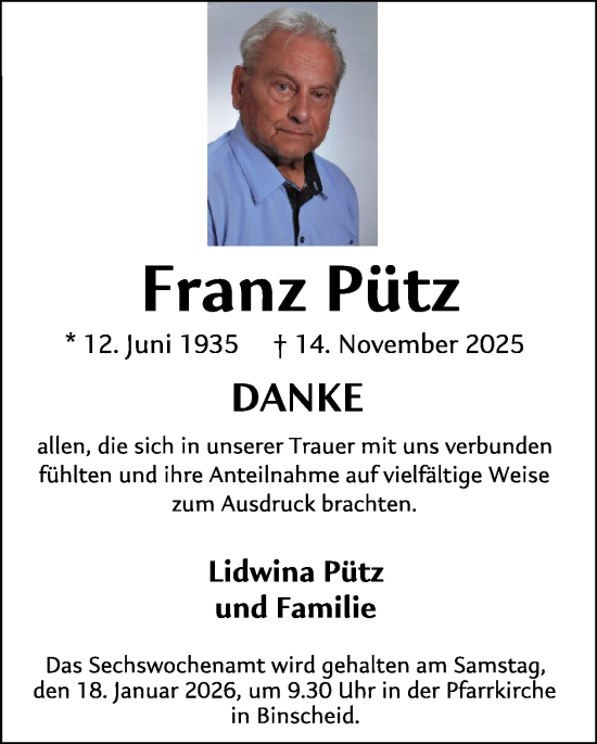 Traueranzeige von Franz Pütz von WochenSpiegel