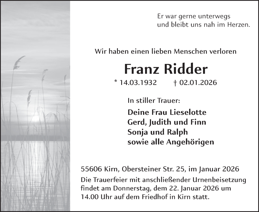  Traueranzeige für Franz Ridder vom 17.01.2026 aus WochenSpiegel
