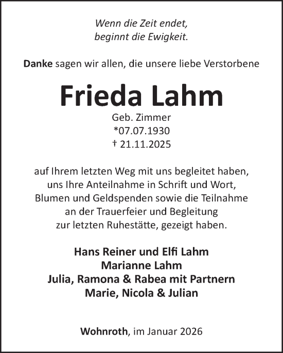 Traueranzeige von Frieda Lahm von WochenSpiegel