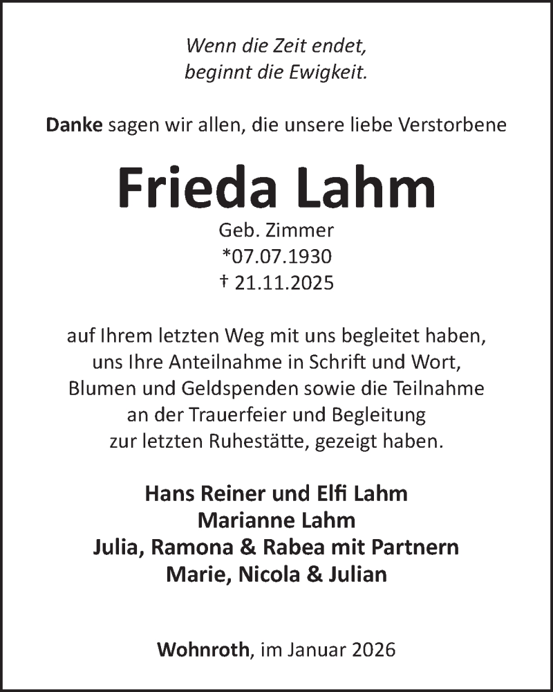  Traueranzeige für Frieda Lahm vom 03.01.2026 aus WochenSpiegel
