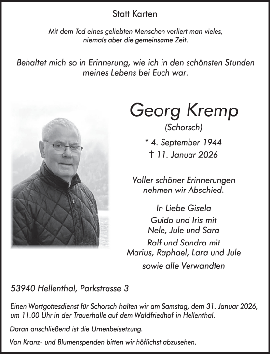 Traueranzeige von Georg Kremp von WochenSpiegel
