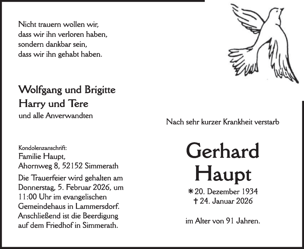  Traueranzeige für Gerhard Haupt vom 28.01.2026 aus WochenSpiegel