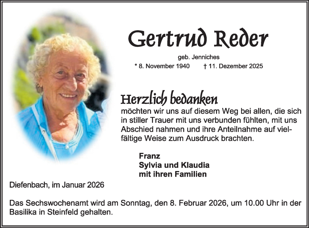  Traueranzeige für Gertrud Reder vom 28.01.2026 aus WochenSpiegel