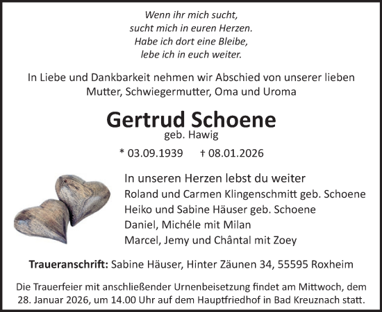 Traueranzeige von Gertrud Schoene von WochenSpiegel