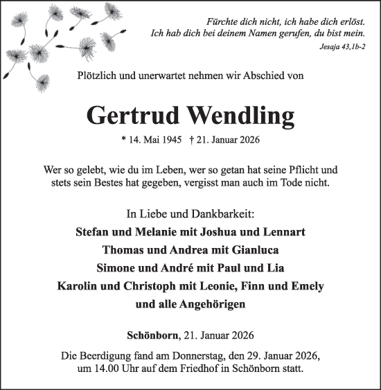 Traueranzeige von Gertrud Wendling von WochenSpiegel