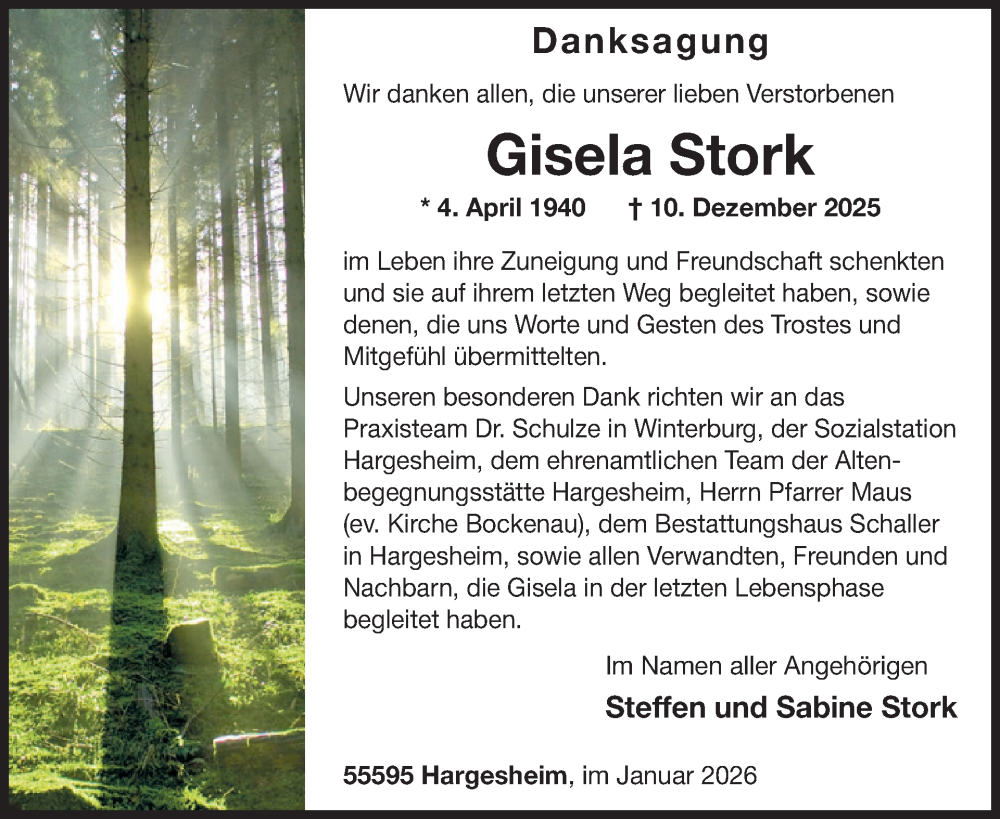  Traueranzeige für Gisela Stork vom 17.01.2026 aus WochenSpiegel