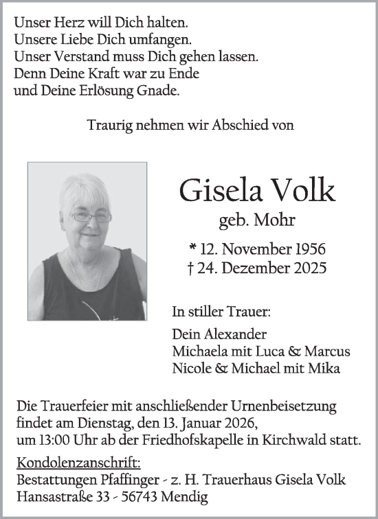 Traueranzeige von Gisela Volk von WochenSpiegel